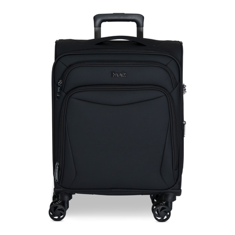 Black Vitality soft shell cabin suitcase with a zipped front pocket and 8 spinner wheels