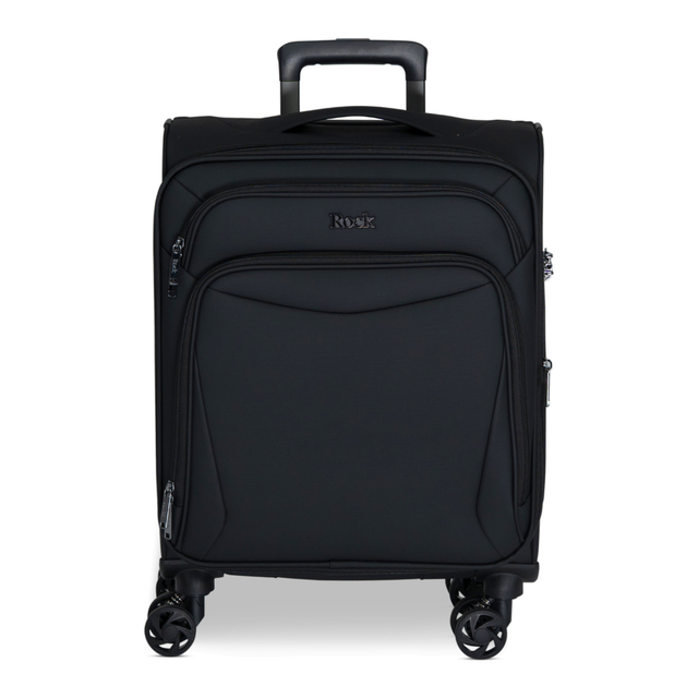 Black Vitality soft shell cabin suitcase with a zipped front pocket and 8 spinner wheels
