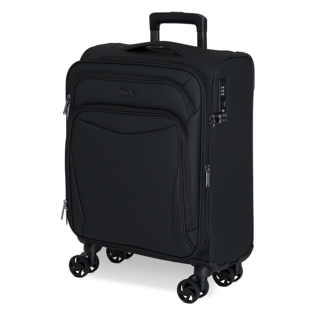 Black Vitality soft shell cabin suitcase, angled view showing the front pocket and trolley handle