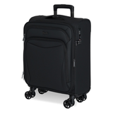 Black Vitality soft shell cabin suitcase, angled view showing the front pocket and trolley handle