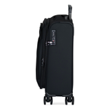 Black Vitality soft shell cabin suitcase, side view showing the expansion zip and side handle