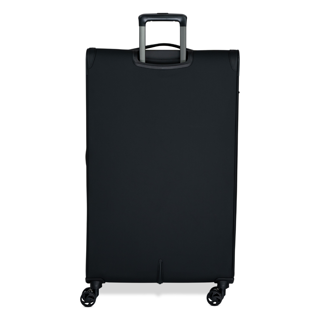 Black Vitality soft shell extra large suitcase from the back, showing the back panel and trolley handle