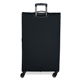 Black Vitality soft shell extra large suitcase from the back, showing the back panel and trolley handle