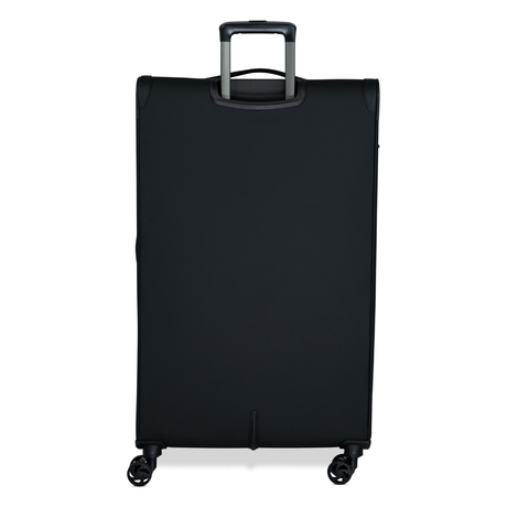 Black Vitality soft shell extra large suitcase from the back, showing the back panel and trolley handle