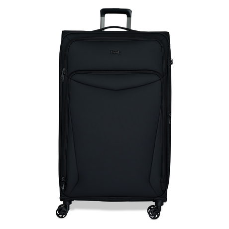 Black Vitality soft shell extra large suitcase with a zipped front pocket and 8 spinner wheels