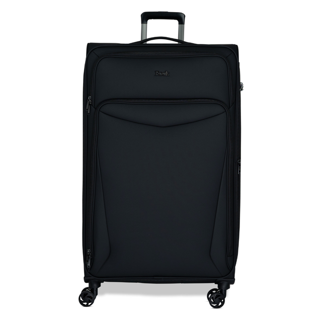 Black Vitality soft shell extra large suitcase with a zipped front pocket and 8 spinner wheels