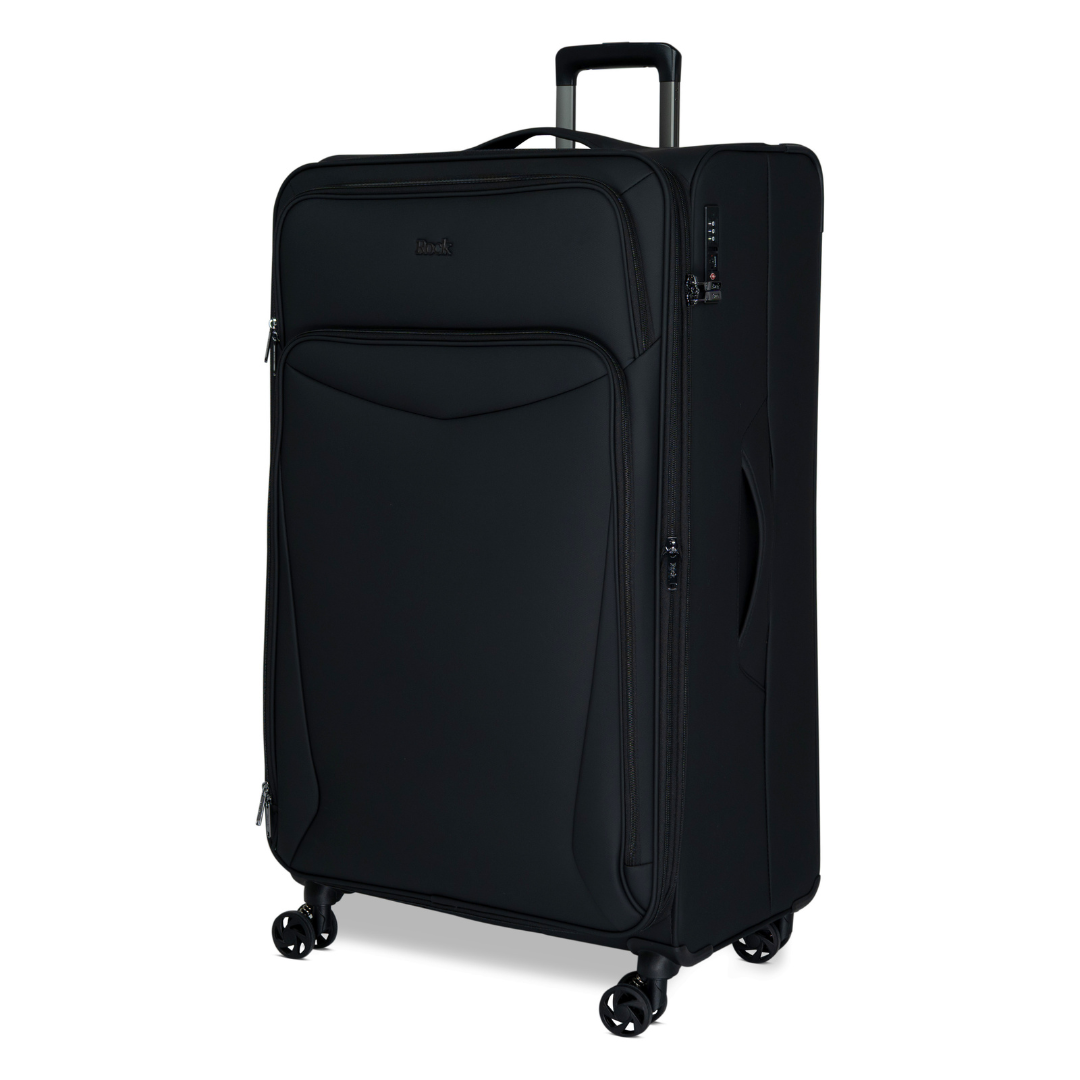 Black Vitality soft shell extra large suitcase, angled view showing the front pocket and trolley handle