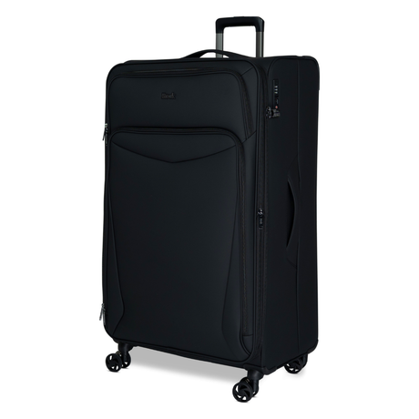 Black Vitality soft shell extra large suitcase, angled view showing the front pocket and trolley handle