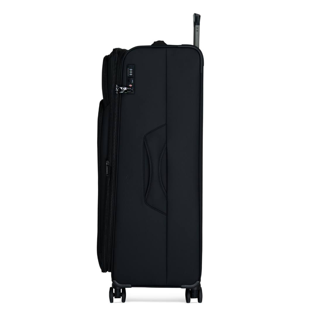 Black Vitality soft shell extra large suitcase, side view showing the expansion zip and side handle
