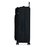 Black Vitality soft shell extra large suitcase, side view showing the expansion zip and side handle