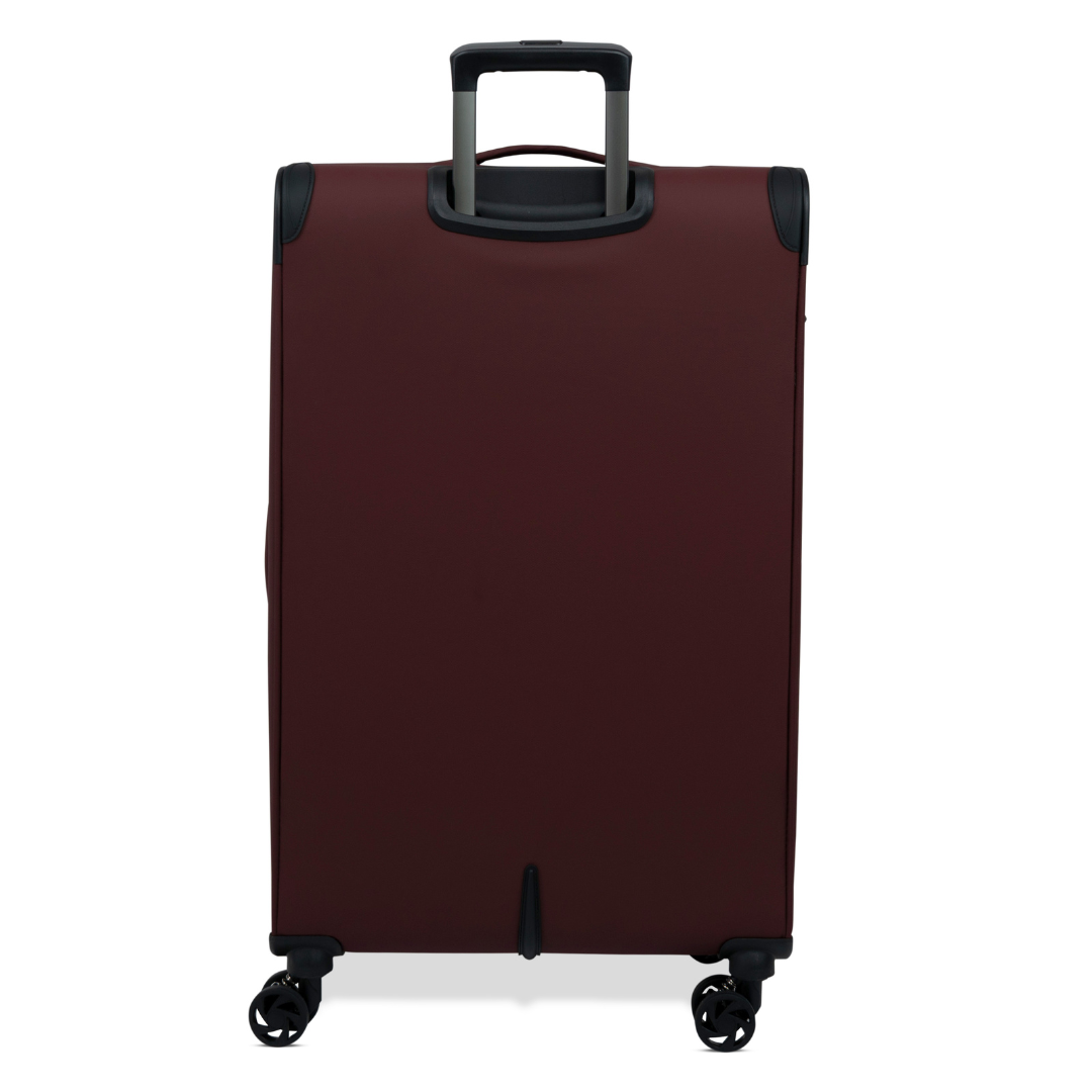 Burgundy Vitality soft shell large suitcase from the back, showing the back panel and trolley handle