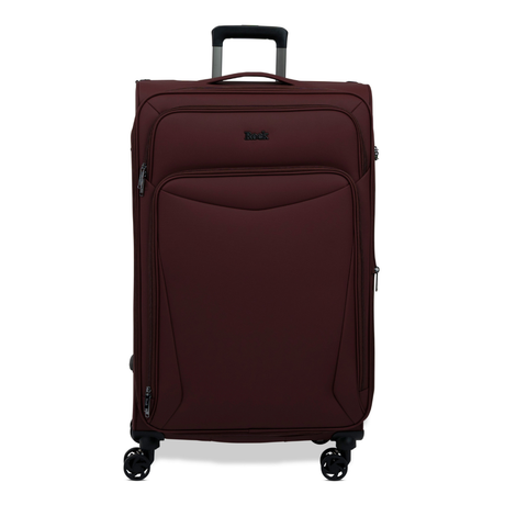 Burgundy Vitality soft shell large suitcase with a zipped front pocket and 8 spinner wheels