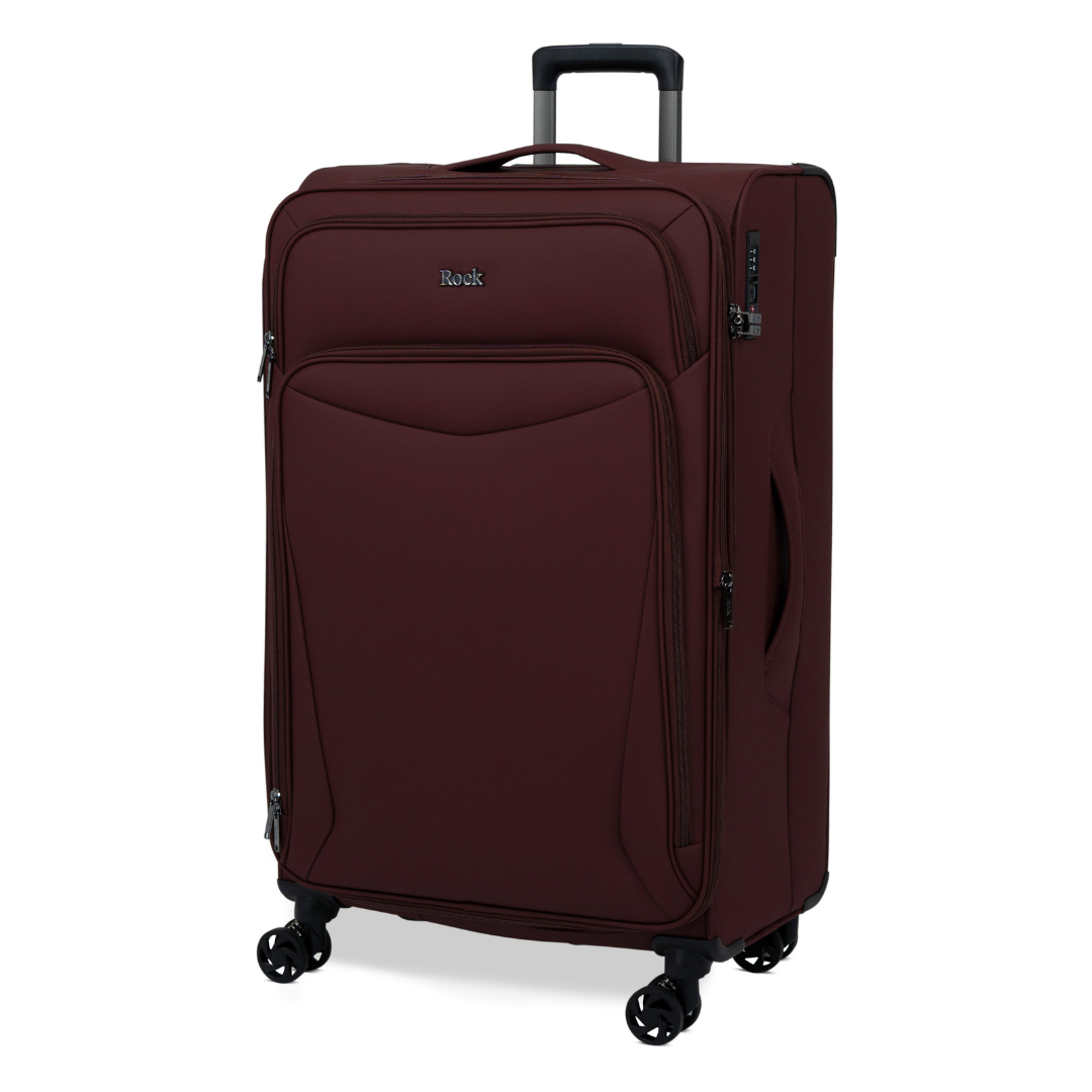 Burgundy Vitality soft shell large suitcase, angled view showing the front pocket and trolley handle