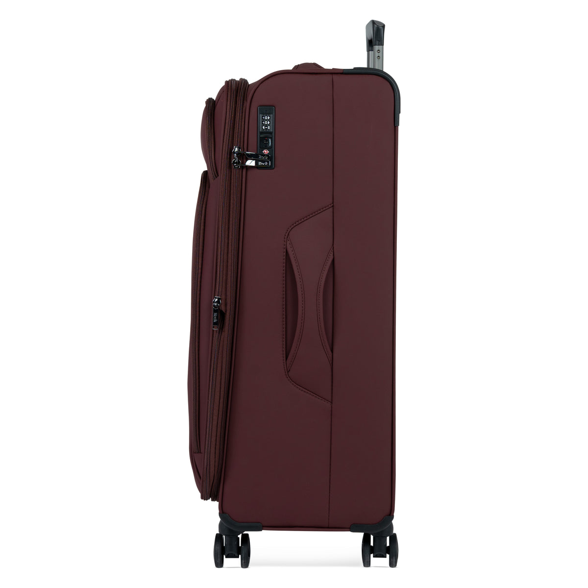 Burgundy Vitality soft shell large suitcase, side view showing the expansion zip and side handle