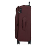 Burgundy Vitality soft shell large suitcase, side view showing the expansion zip and side handle