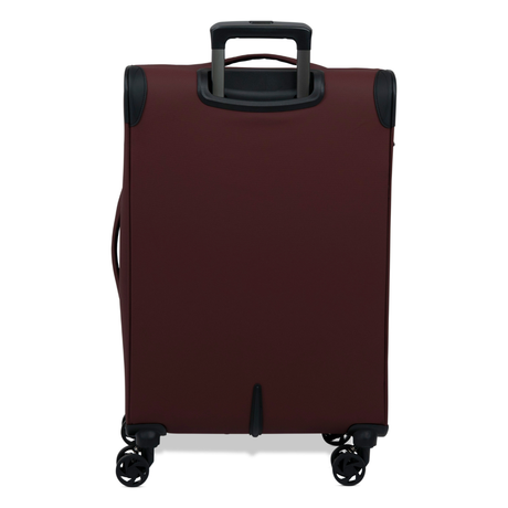 Burgundy Vitality soft shell medium suitcase from the back, showing the back panel and trolley handle