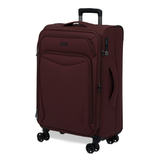 Burgundy Vitality soft shell medium suitcase, angled view showing the front pocket and trolley handle