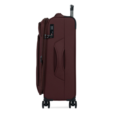 Burgundy Vitality soft shell medium suitcase, side view showing the expansion zip and side handle
