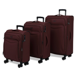 Burgundy Vitality soft shell suitcase set: cabin, medium and large cases standing together