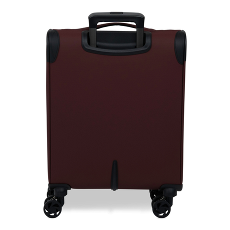 Burgundy Vitality soft shell cabin suitcase from the back, showing the back panel and trolley handle