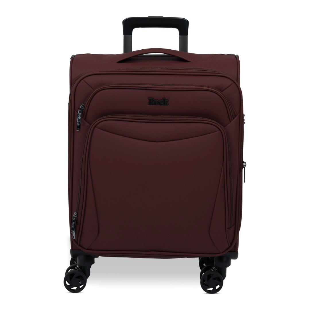 Burgundy Vitality soft shell cabin suitcase with a zipped front pocket and 8 spinner wheels