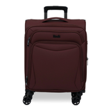 Burgundy Vitality soft shell cabin suitcase with a zipped front pocket and 8 spinner wheels