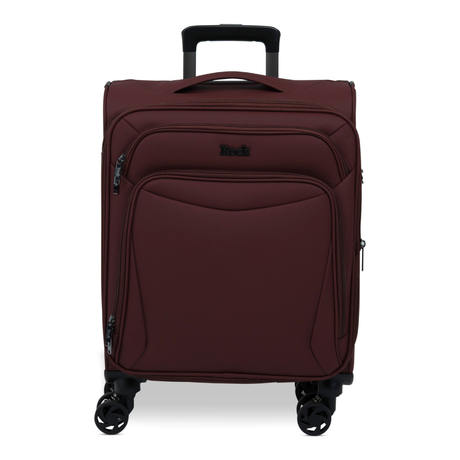 Burgundy Vitality soft shell cabin suitcase with a zipped front pocket and 8 spinner wheels