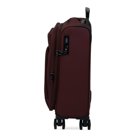 Burgundy Vitality soft shell cabin suitcase, side view showing the expansion zip and side handle