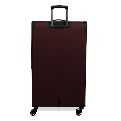 Burgundy Vitality soft shell extra large suitcase from the back, showing the back panel and trolley handle