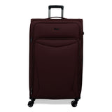 Burgundy Vitality soft shell extra large suitcase with a zipped front pocket and 8 spinner wheels
