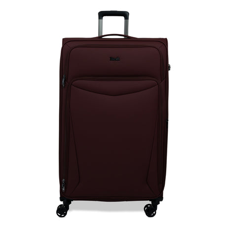 Burgundy Vitality soft shell extra large suitcase with a zipped front pocket and 8 spinner wheels