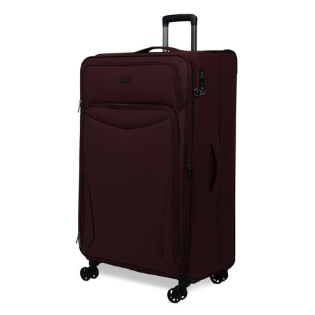 Burgundy Vitality soft shell extra large suitcase, angled view showing the front pocket and trolley handle