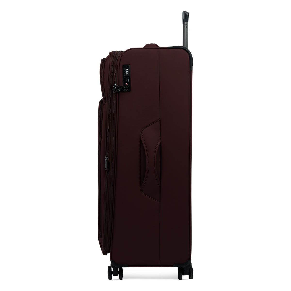 Burgundy Vitality soft shell extra large suitcase, side view showing the expansion zip and side handle
