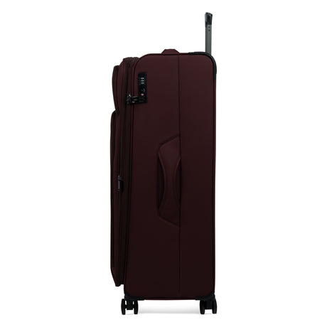 Burgundy Vitality soft shell extra large suitcase, side view showing the expansion zip and side handle