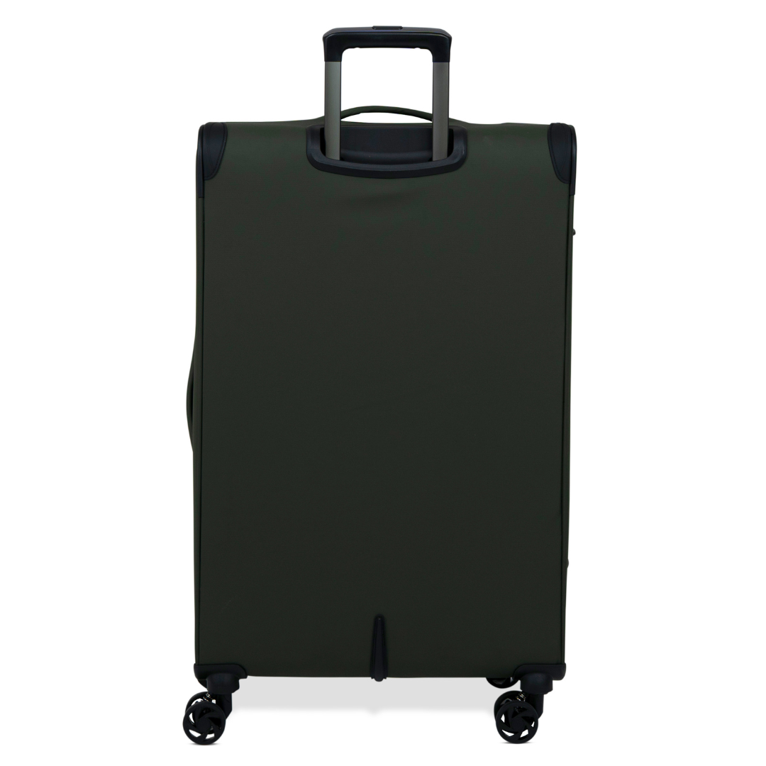 Khaki Vitality soft shell large suitcase from the back, showing the back panel and trolley handle