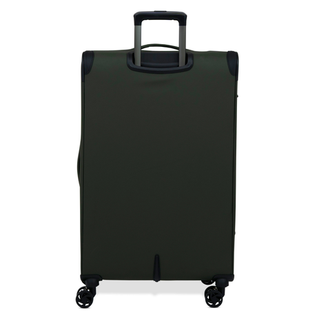 Khaki Vitality soft shell large suitcase from the back, showing the back panel and trolley handle