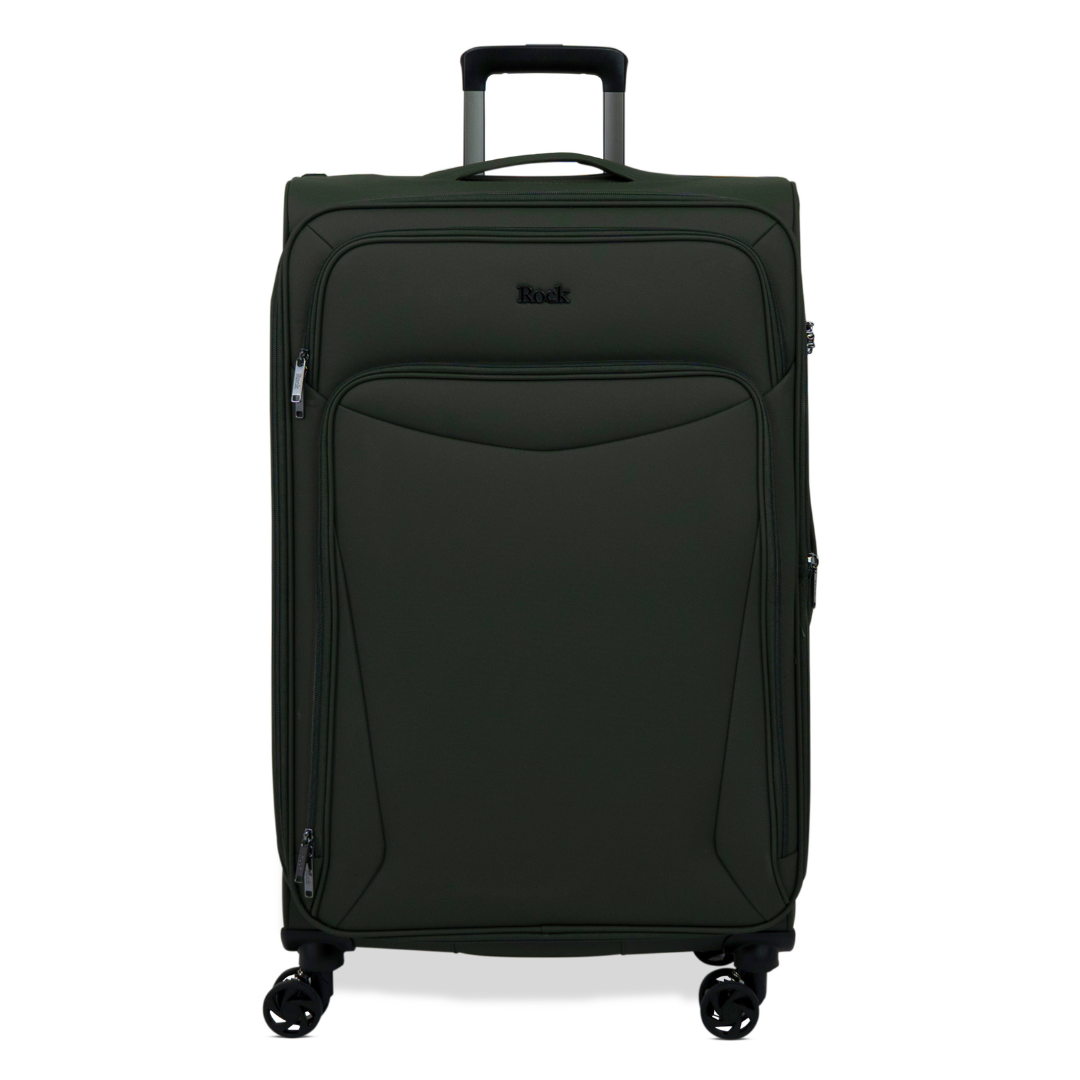 Khaki Vitality soft shell large suitcase with a zipped front pocket and 8 spinner wheels