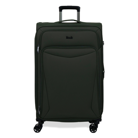 Khaki Vitality soft shell large suitcase with a zipped front pocket and 8 spinner wheels