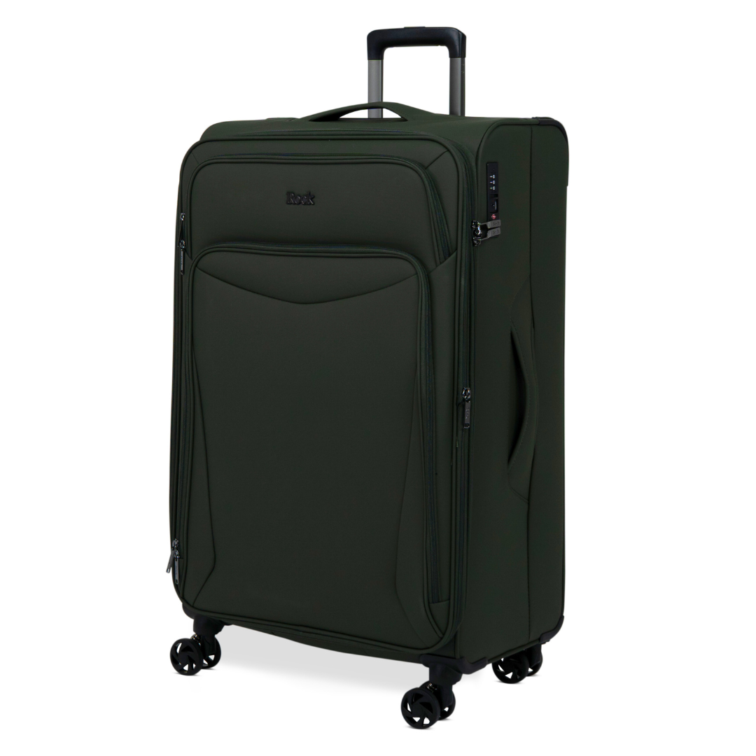 Khaki Vitality soft shell large suitcase, angled view showing the front pocket and trolley handle