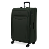 Khaki Vitality soft shell large suitcase, angled view showing the front pocket and trolley handle