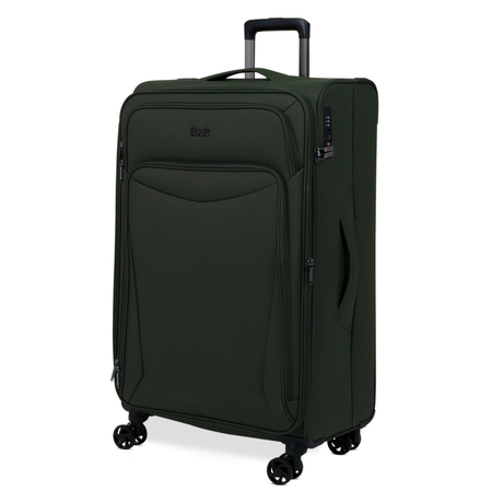 Khaki Vitality soft shell large suitcase, angled view showing the front pocket and trolley handle