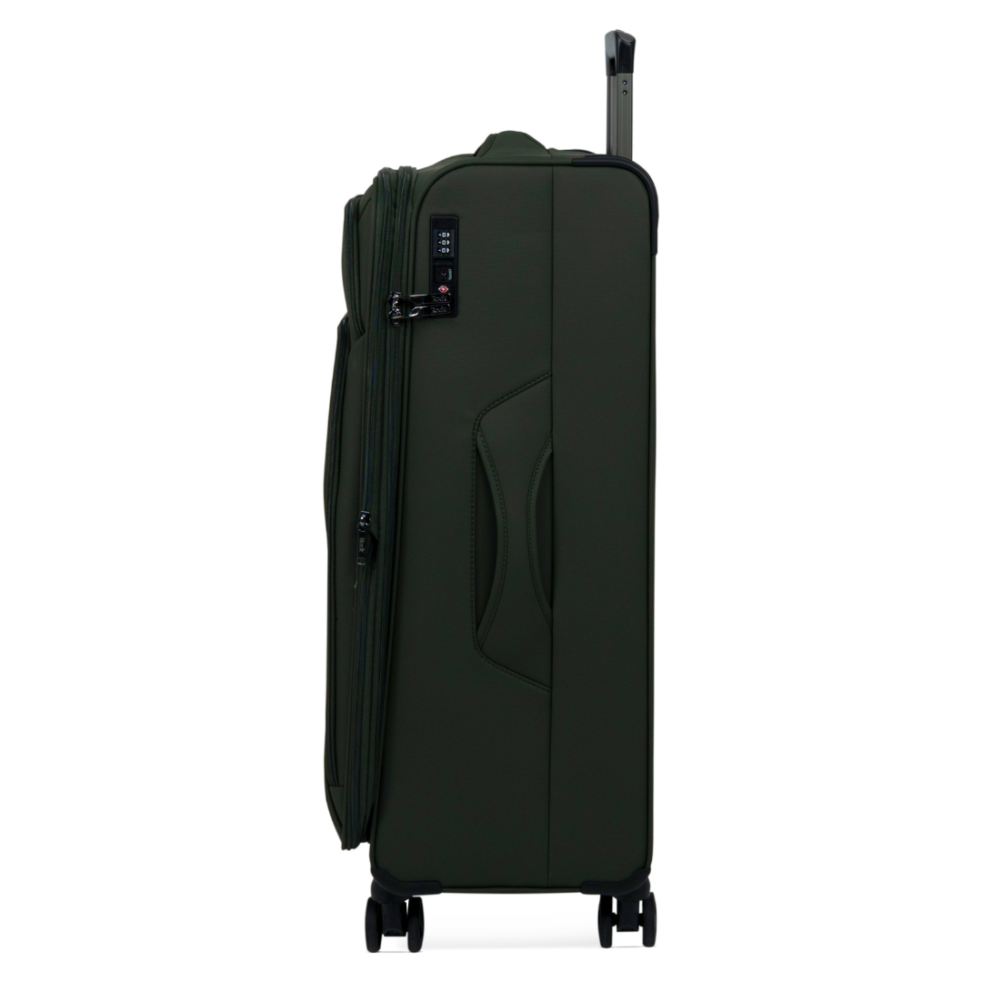 Khaki Vitality soft shell large suitcase, side view showing the expansion zip and side handle