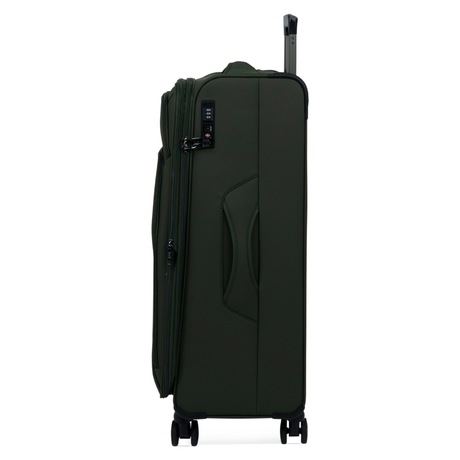 Khaki Vitality soft shell large suitcase, side view showing the expansion zip and side handle