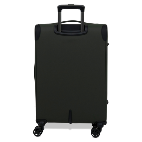 Khaki Vitality soft shell medium suitcase from the back, showing the back panel and trolley handle