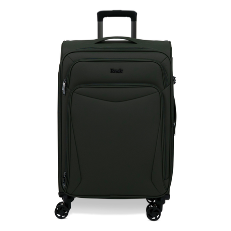 Khaki Vitality soft shell medium suitcase with a zipped front pocket and 8 spinner wheels