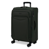Khaki Vitality soft shell medium suitcase, angled view showing the front pocket and trolley handle