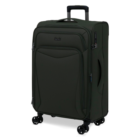 Khaki Vitality soft shell medium suitcase, angled view showing the front pocket and trolley handle