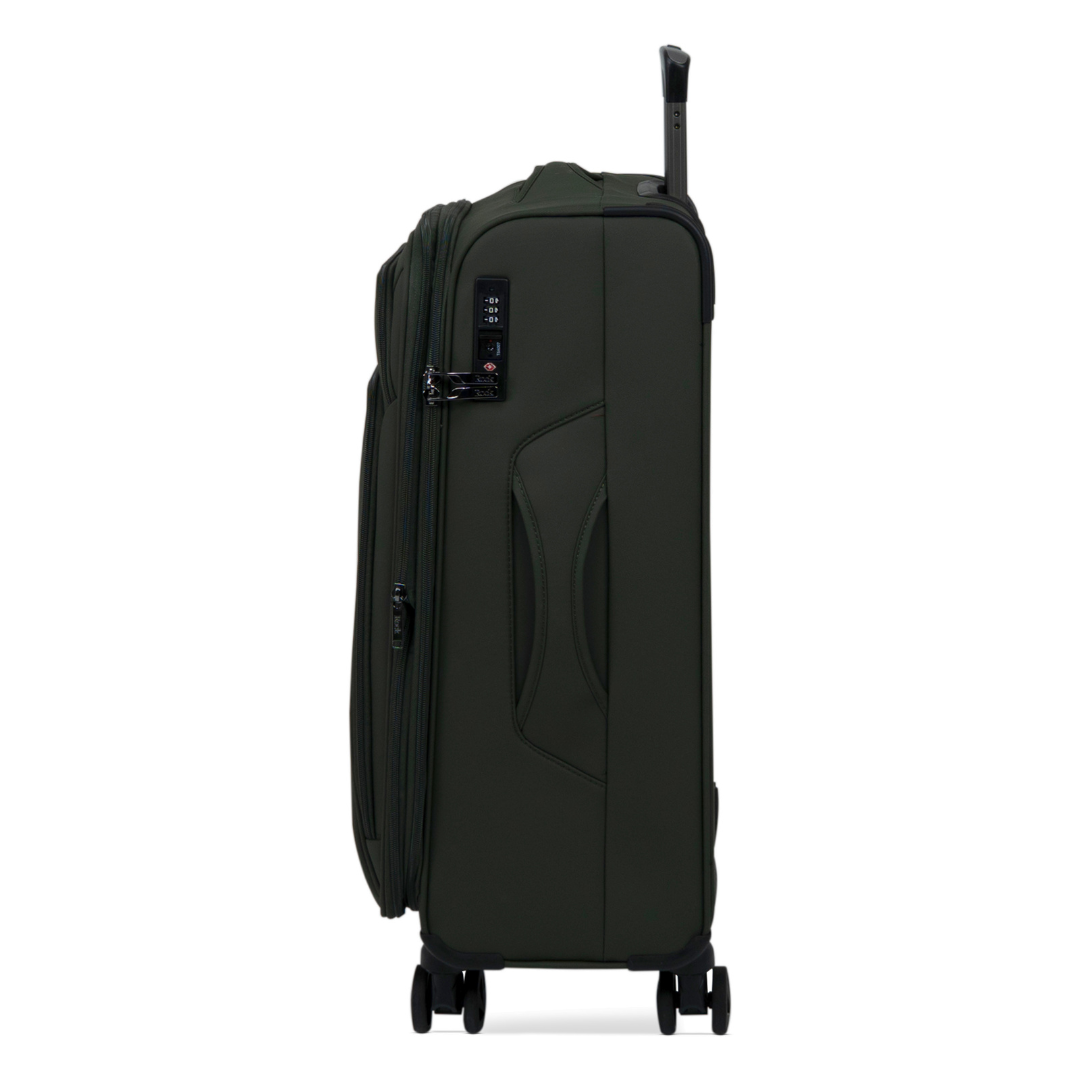 Khaki Vitality soft shell medium suitcase, side view showing the expansion zip and side handle