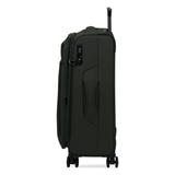 Khaki Vitality soft shell medium suitcase, side view showing the expansion zip and side handle