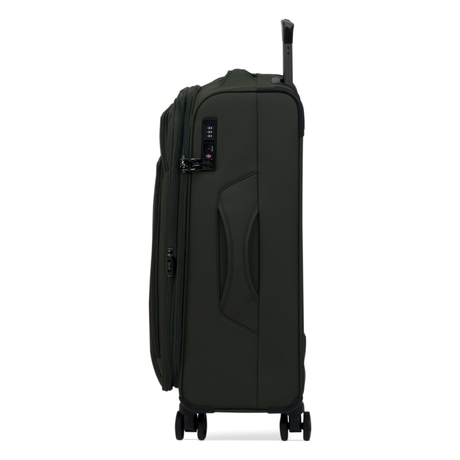Khaki Vitality soft shell medium suitcase, side view showing the expansion zip and side handle
